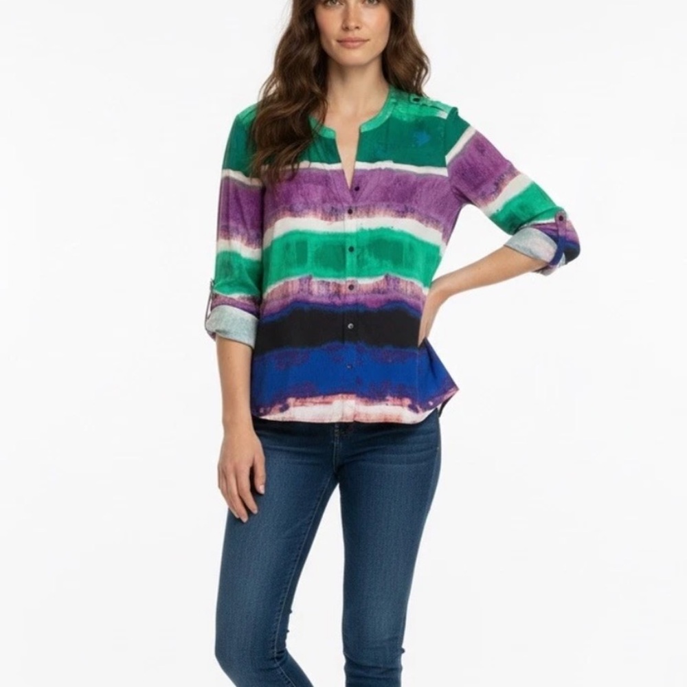 Calvin Klein Shirt Women’s Multicolor Medium Roll Tab Sleeve Button Up Blouse